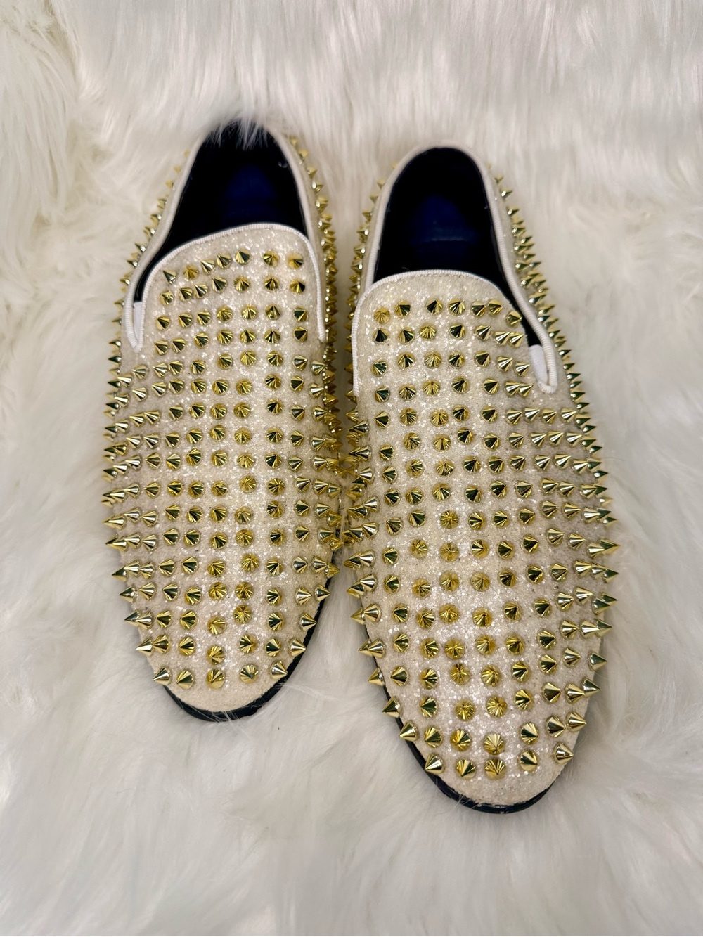 Pearl White Slip-On Men's Studded Loafers with Gold Spikes - Picture 2 of 6